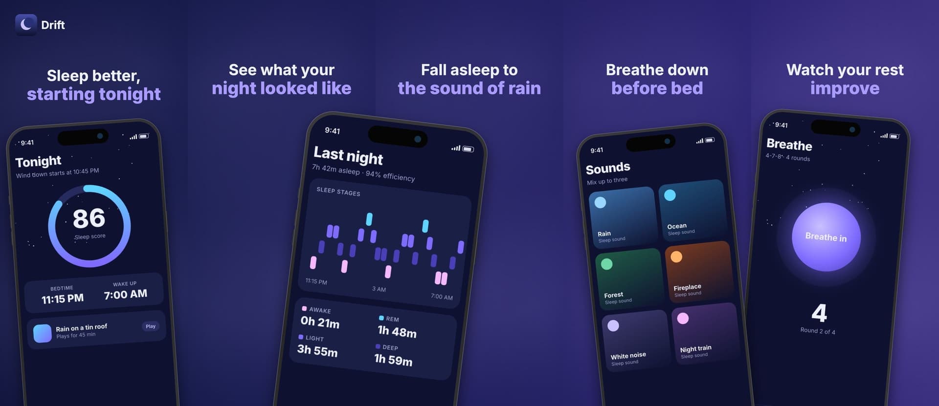 Five App Store screenshots for a sleep app on a night-sky panorama