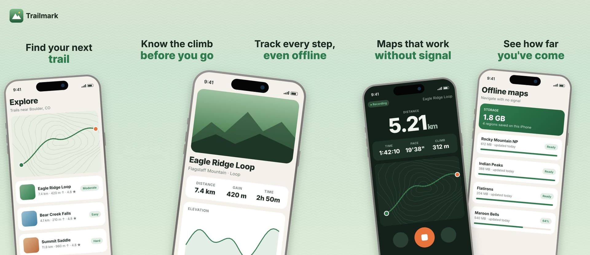 Five App Store screenshots for a hiking app, one phone crossing the seam between two slides