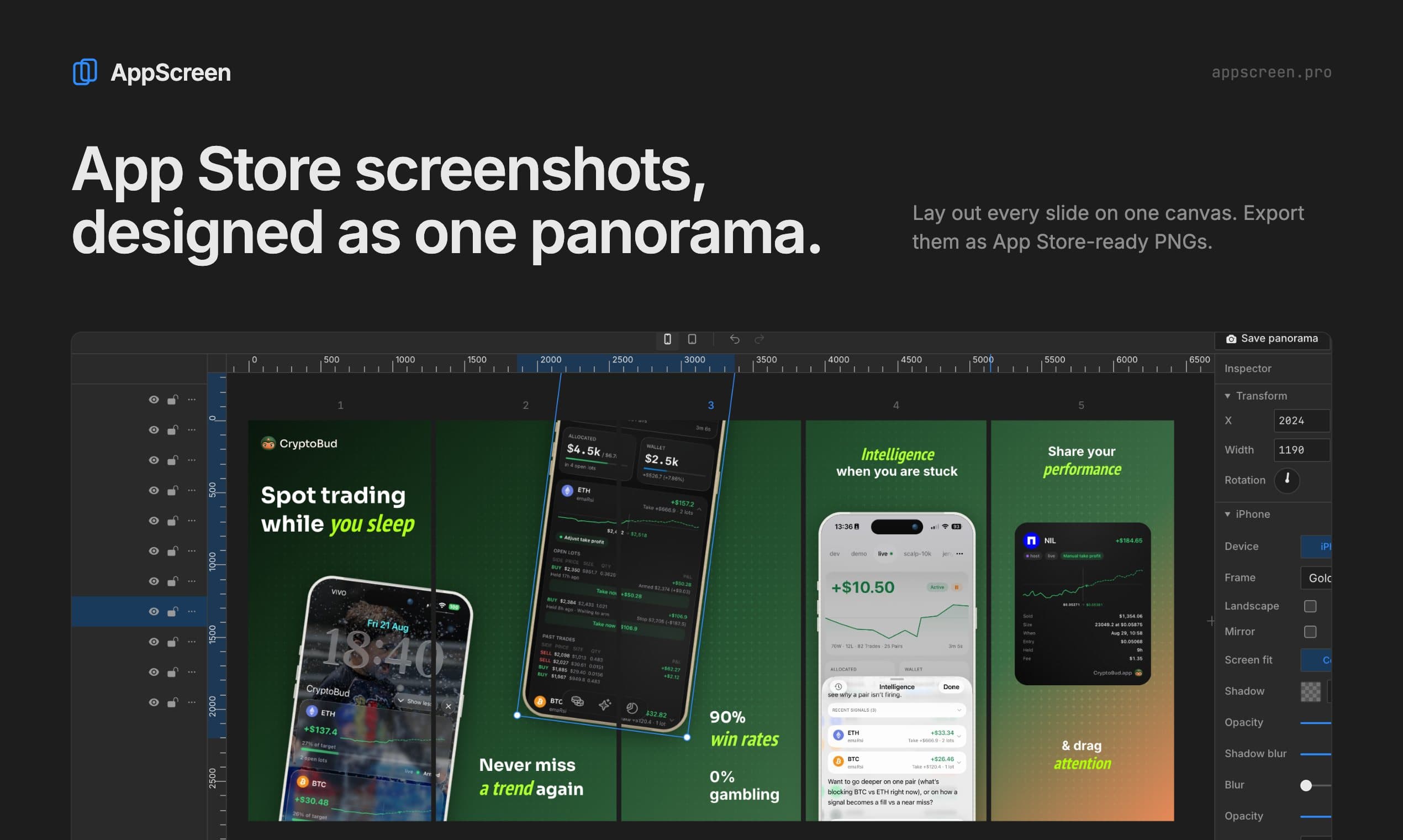 The AppScreen editor with five App Store slides on one canvas and a phone crossing a seam.