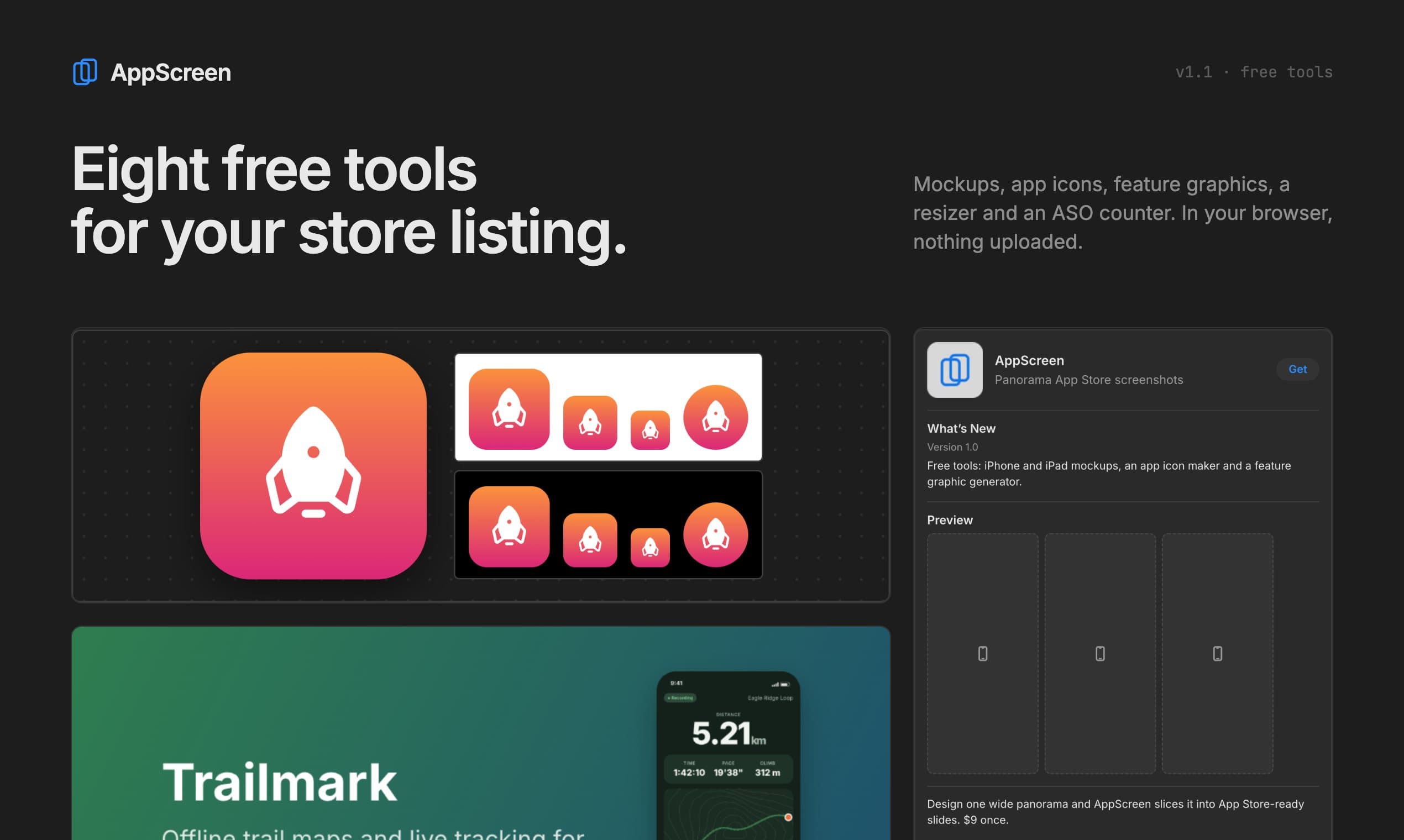 The app icon maker, a Google Play feature graphic and the App Store preview from the ASO tool.