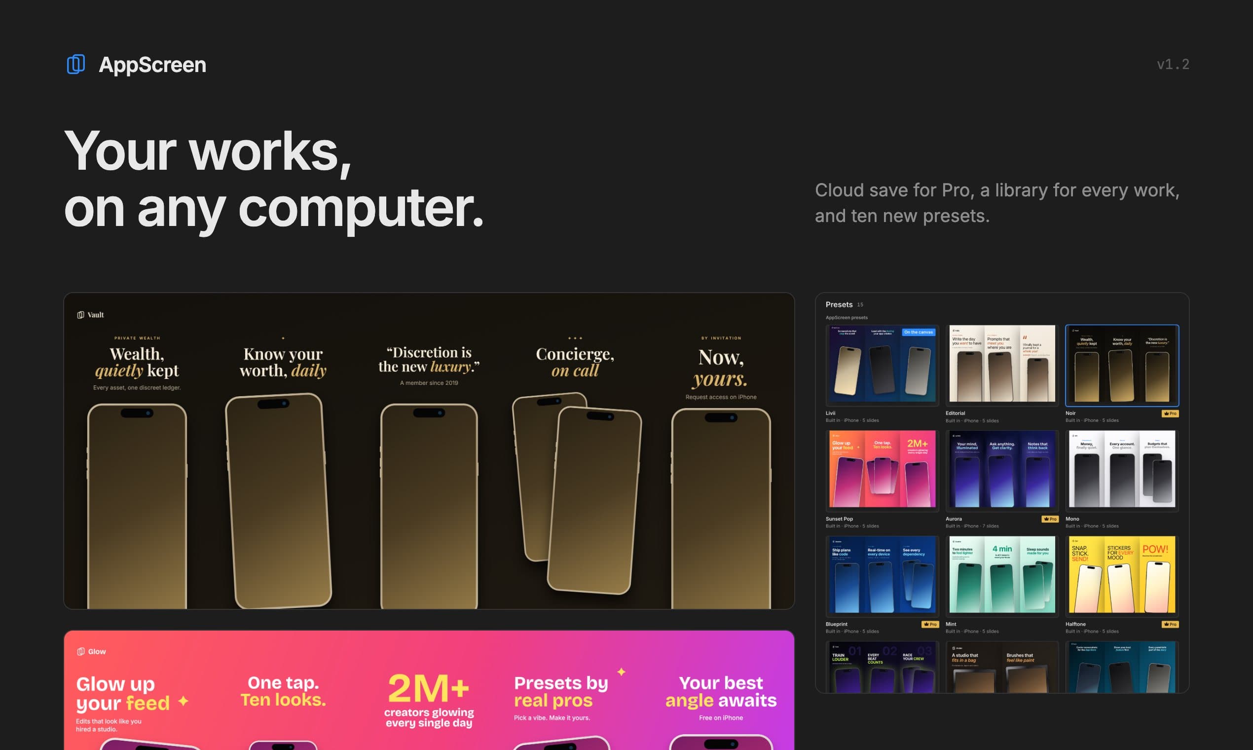 The Noir and Sunset Pop presets as App Store slides, beside the presets library with gold Pro badges.