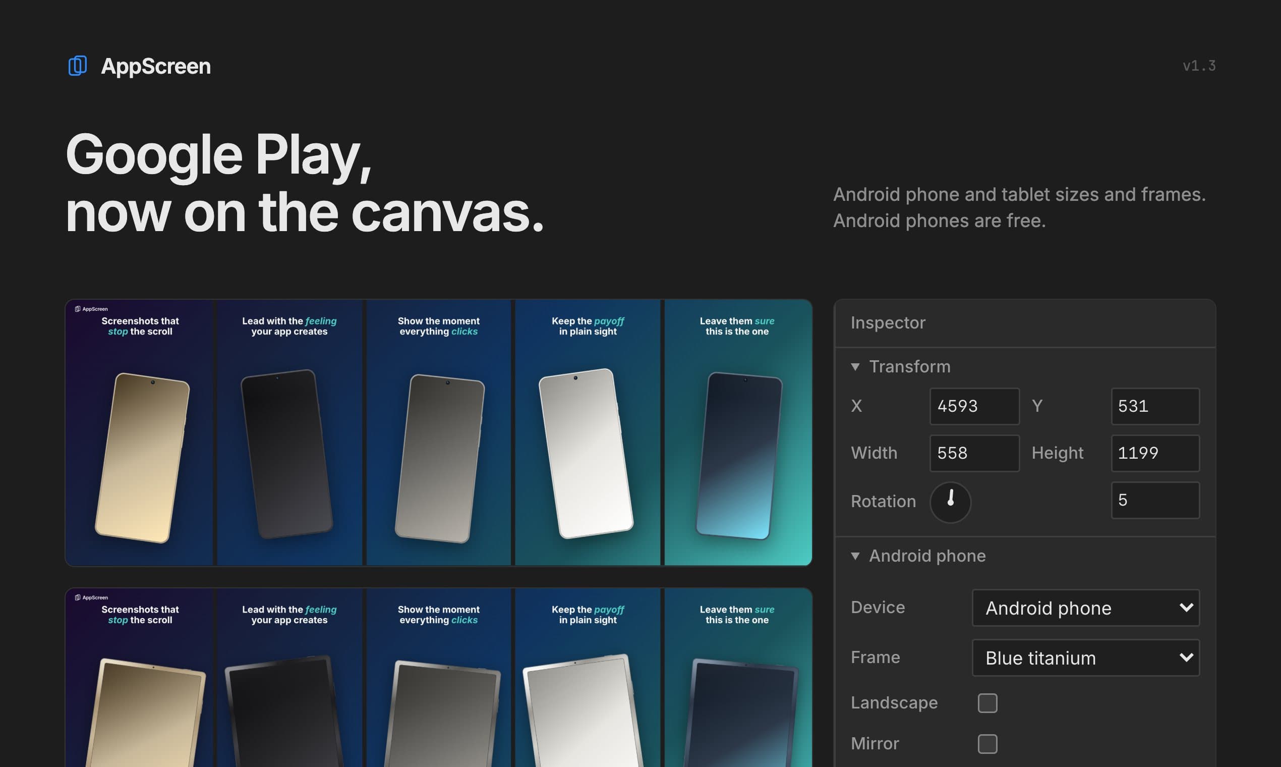 Google Play slides with Android phones, the same set with Android tablets, and the inspector set to Android phone.