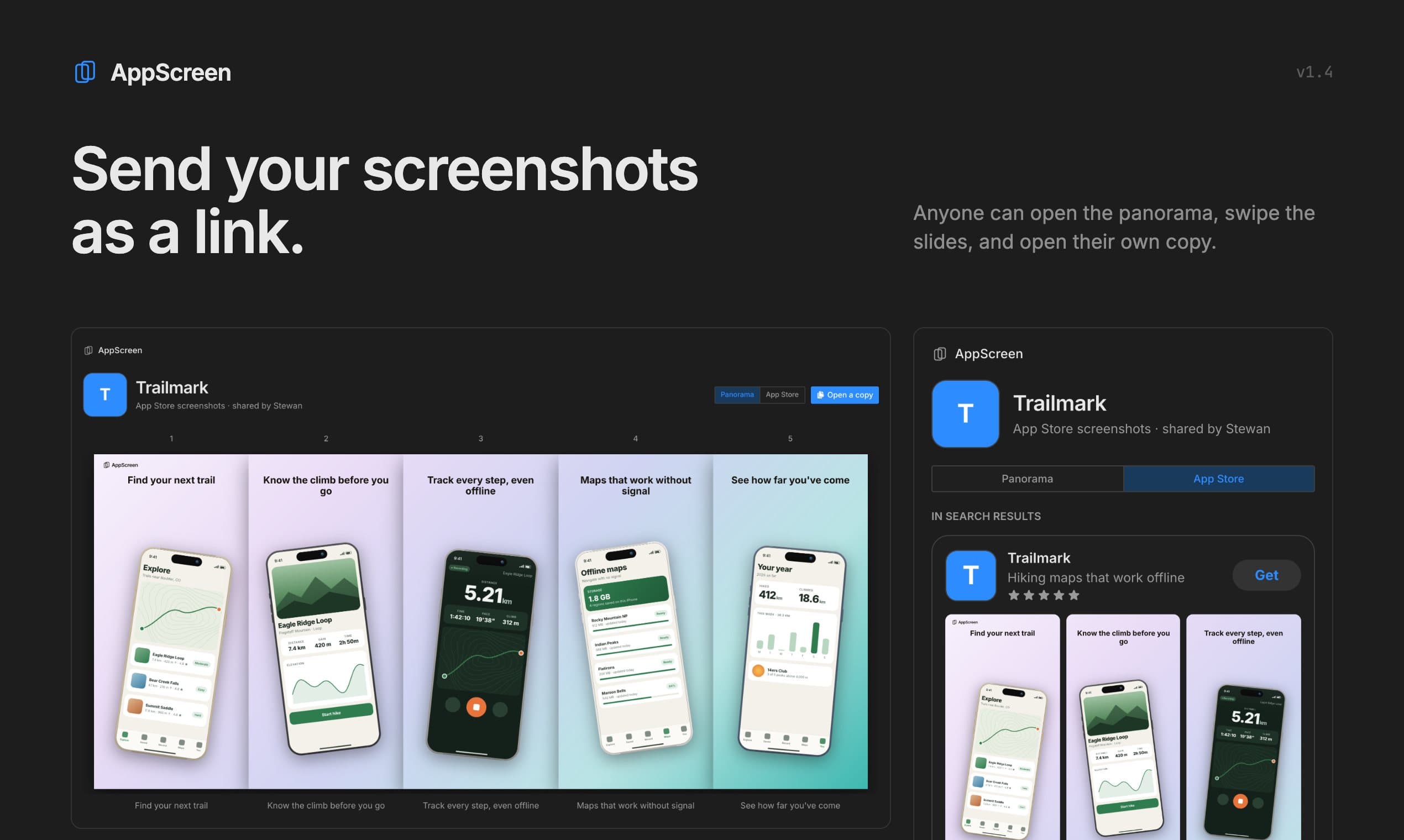 A shared Trailmark link: the five slides as one panorama on a laptop, and the App Store view on a phone with the Open a copy button.